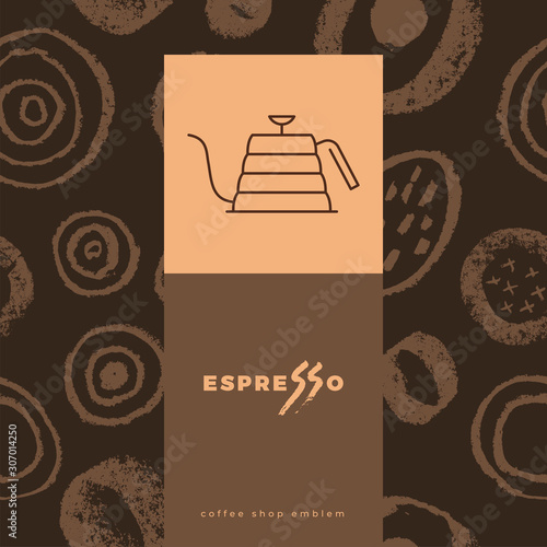 Coffee line icon with abstract seamless pattern, vector creative background. Coffee shop emblem, cafe menu, packaging design, organic coffee logo, take away coffee, 100% arabica badge.