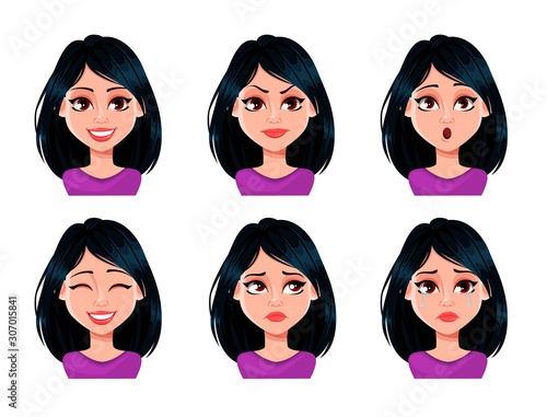 Face expressions of woman with dark hair