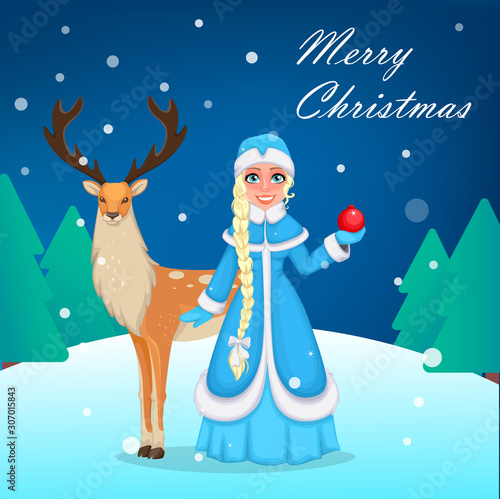 Russian Snegurochka (Snow Maiden) and reindeer