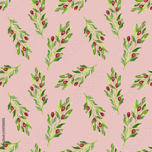Watercolor hand painted botanical leaves  berries and branches illustration seamless pattern  wallpaper  wrapping paper
