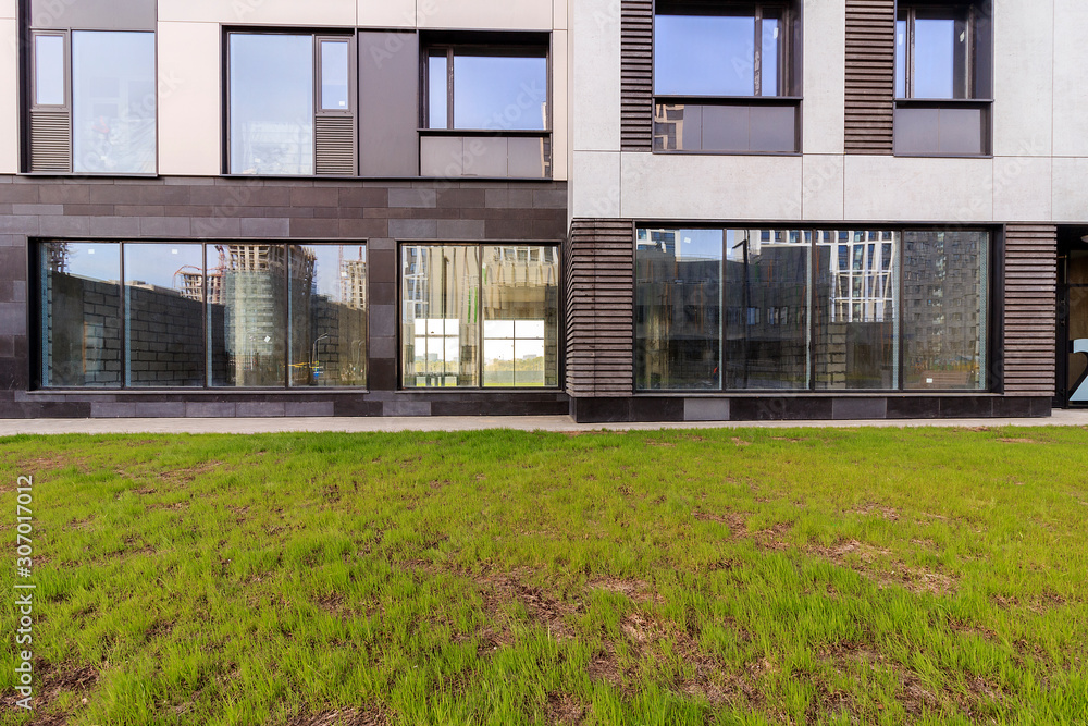 Window Outside Building Panoramic window of modern residential building view outside ...