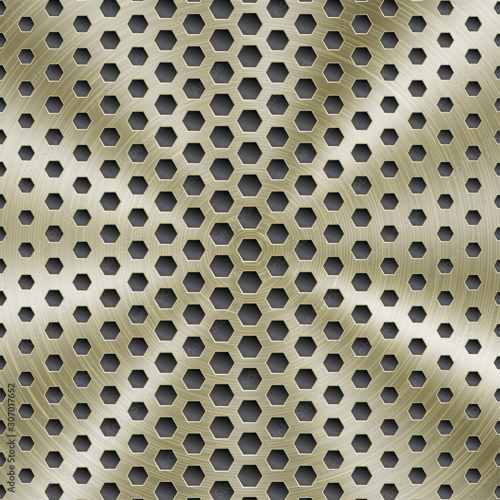 Abstract shiny metal background in golden color with circular brushed texture and hexagonal holes