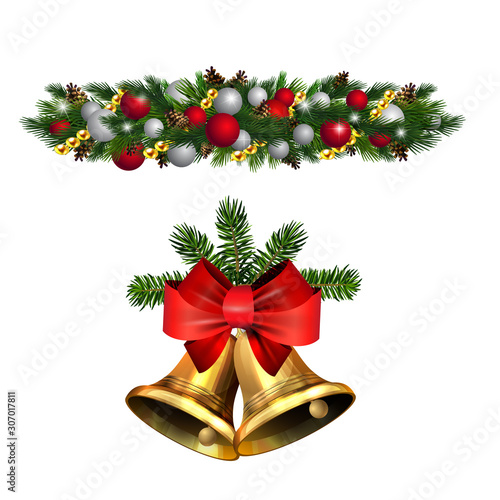 Christmas decorations with fir tree golden jingle bells
