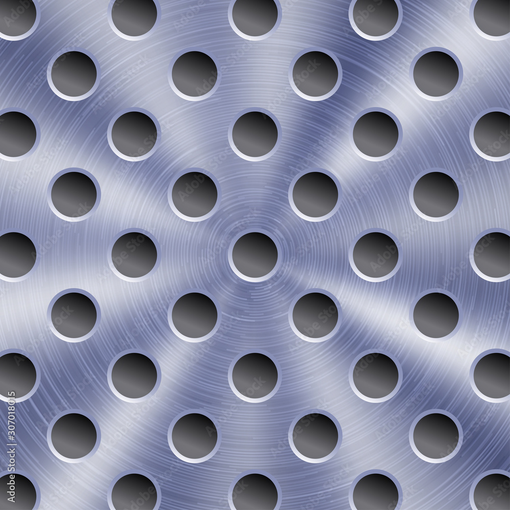 Abstract shiny metal background in blue color with circular brushed texture and round holes Abstract shiny metal background in blue color with circular brushed texture and round holes