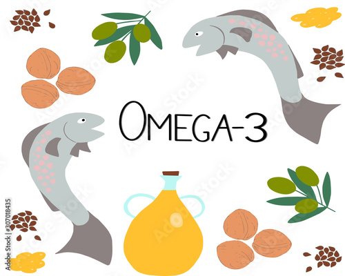 Vector Omega-3 products and the inscription omega-3 in the center. Polyunsaturated fatty acids in flax seeds, rapeseed oil, fish, olives, nuts. A healthy lifestyle concept. Great for healthy magazines
