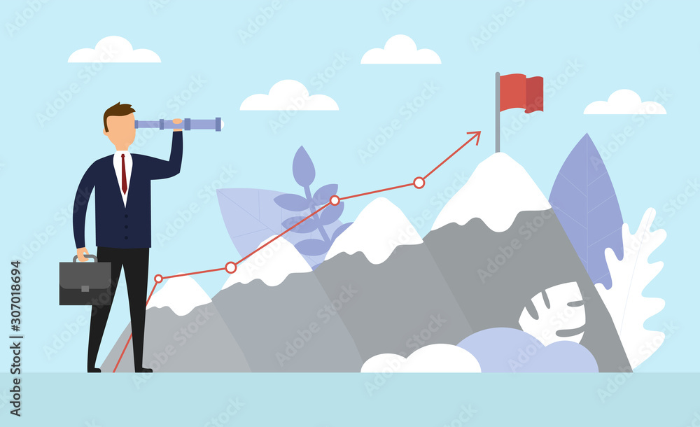 Obraz premium Business Success concept. Businessman is standing and watching the telescope for growth modern ideas and to achieve higher goals. Cartoon, illustration of sky with cloud and mountain. Vector.
