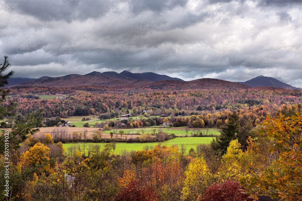 View of Stowe valley and Sterling Range from Brush Hill Vermont in Autumn
