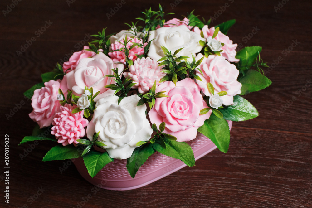 Bouquets of soap. Handmade. Happy Mothers day, Womens day, Birthday or wedding greeting concept. Bouquets of soap. Handmade. Happy Mothers day, Womens day, Birthday or wedding greeting concept.