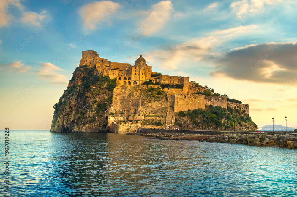 Ischia island and Aragonese medieval castle. Campania, Italy.