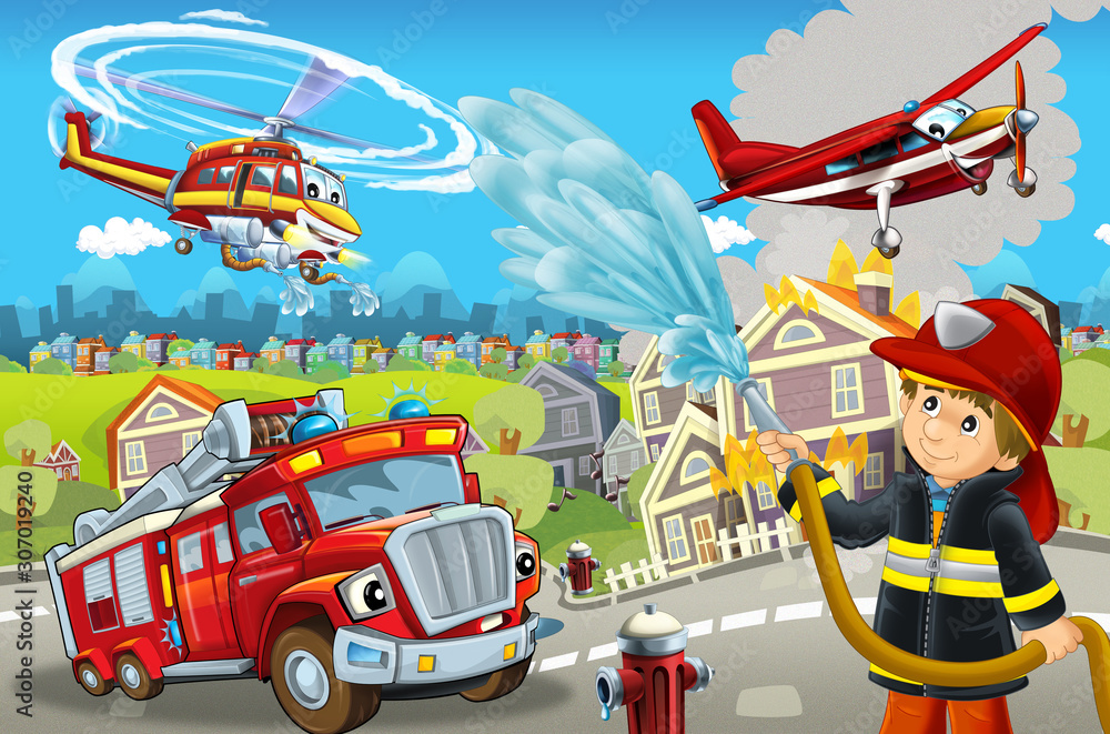 cartoon stage with different machines for firefighting colorful and cheerful scene with fireman - illustration for children