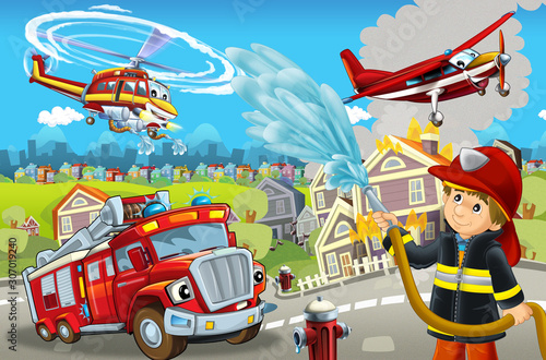 cartoon stage with different machines for firefighting colorful and cheerful scene with fireman - illustration for children © honeyflavour