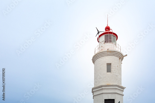 Tokarevskiy Lighthouse on Tokarevskaya Koshka cape in Vladivostok, Primorsky Krai in Russia.