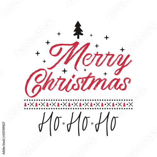 Merry Christmas season graphic print, t shirt design for xmas party, cricut. Holiday decor with xmas tree, ho ho ho texts and ornaments. Stock vector isolated on white