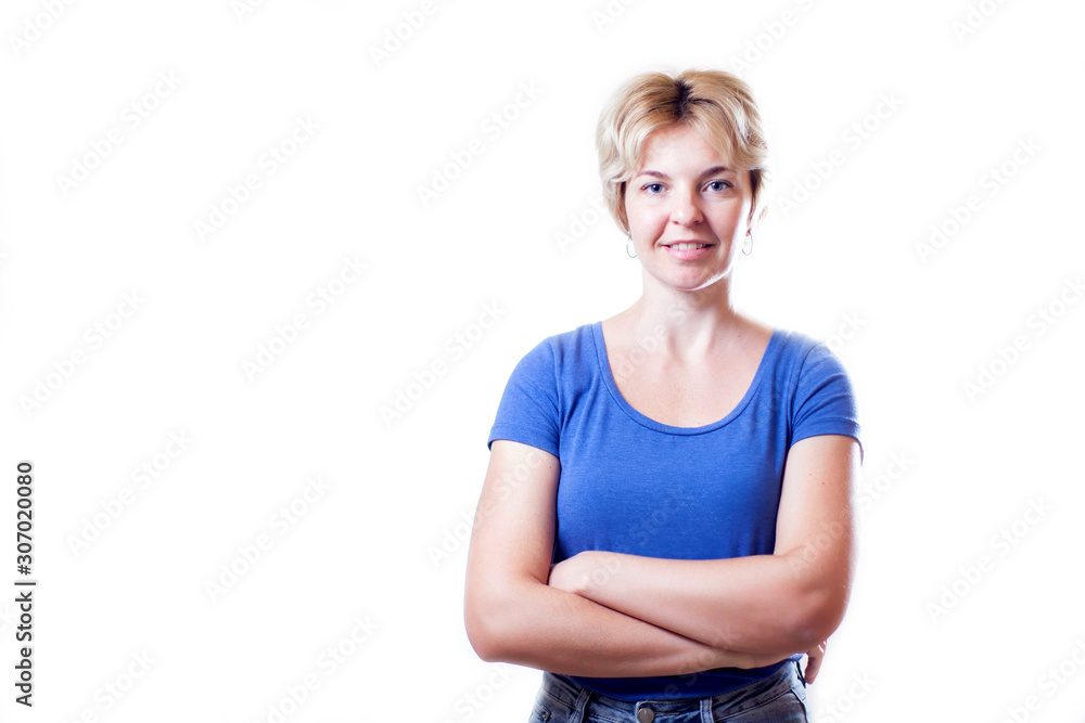 A portrait of smiling woman with short blond hair isolated A portrait of smiling woman with short blond hair isolated