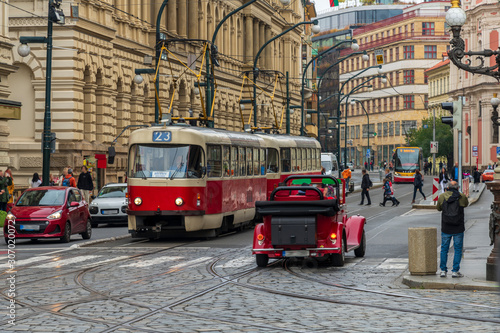 Canvas Print Famous red tram in Prague, Czech Republic 2019