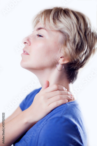 Woman feels neck pain isolated. People, healthcare and medicine concept