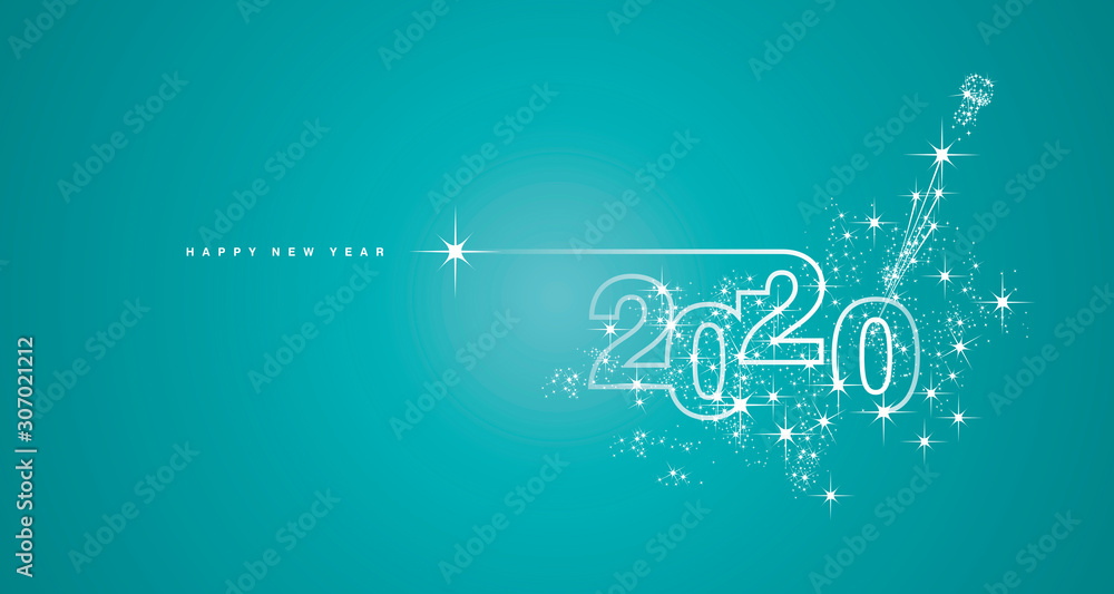 Plakat New Year 2020 line design firework champagne shining white with trendy sea green color greeting card background