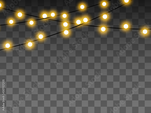 Lights bulbs isolated on transparent background. Christmas tree fairy lights wire string. Wedding or Party, New Year decor lamps. Chalkboard string lights bunches