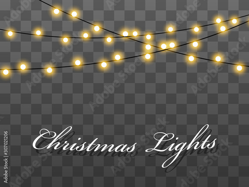 Lights bulbs isolated on transparent background. Christmas tree fairy lights wire string. Wedding or Party, New Year decor lamps. Chalkboard string lights bunches