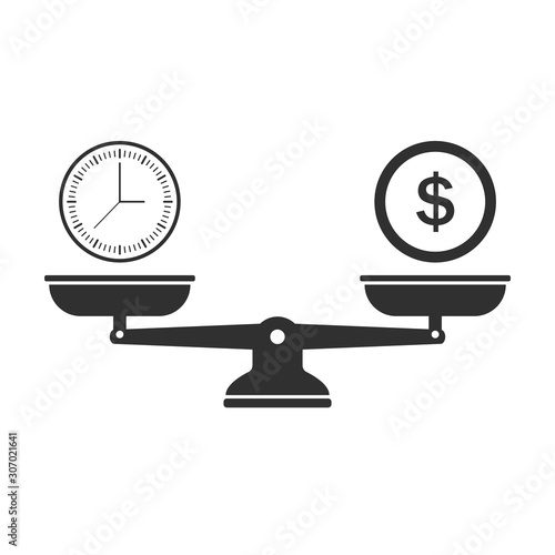 Time and money on scales icon. Money and time balance on scale