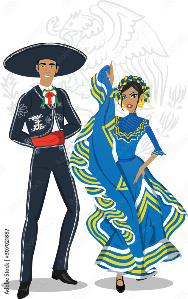 Vetor de Couple with typical Jalisco costumes for the national holidays ...