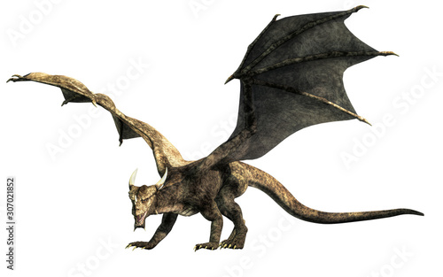 Its wings spread, a green dragon, a beast of myth and legend, glares at you menacingly. 3D Rendering