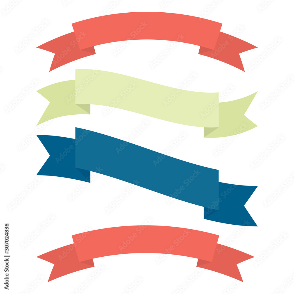 Set of decorative ribbons in different colors. red, green and blue. Vector flat illustration