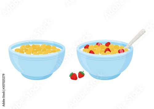 Cereal breakfast. Milk and sweet crunchy flakes with strawberry. Ceramic bowl with spoon. Healthy food for kids. Vector illustration