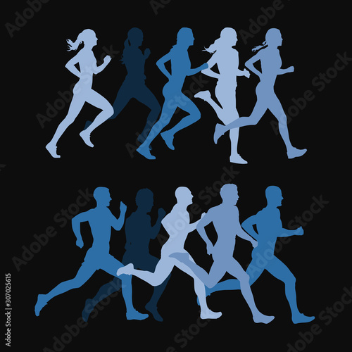 Group of running people, men and women isolated silhouettes. Set of blue vector illustrations. Run