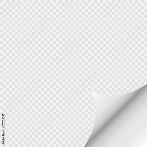 Page curl with shadow on blank sheet of paper. White paper sticker. Element for advertising and promotional message isolated on transparent background. Vector illustration for your design and business
