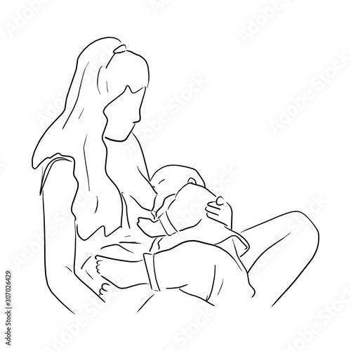 Mom breastfeeding baby vector illustration sketch doodle hand drawn with black lines isolated on white background