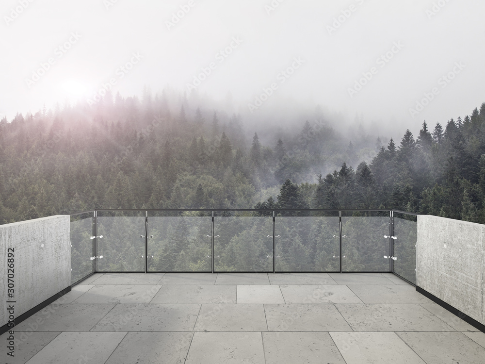 Balcony view of  mountains. Landscape. Sunny Day. Terrace with a beautiful view. Background with beautiful landscape. Sunlight in the foggy mountain's forest. - obrazy, fototapety, plakaty 