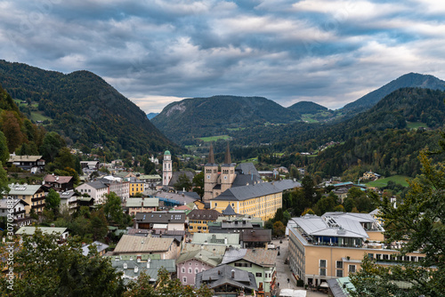 Aerial view of Berchtesgaden cityscape on a cloudy day in autumn, Bavaria, Germany