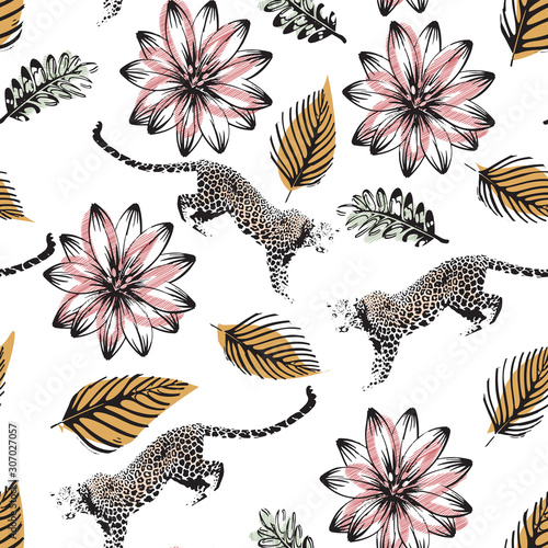 leopard and tropical floral design in jungle wildlife seamless pattern
