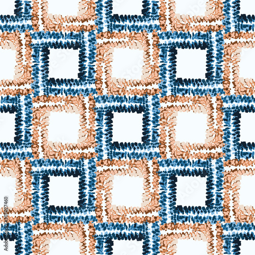 Blue Indigo Tie-Dye Shibori Square Checkerboard on White Background with Coral Red. Vector Seamless Pattern Perfect for Funky Boho Summer Textiles All Over Print. Vintage Retro Repeat Tile EPS10