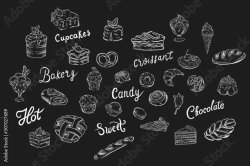 food icons set , sweets, candy, tasty, bakery, ice cream, chocolate, cakes , wiper cream . White chalk illustration on blackboard 