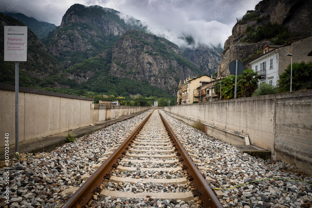 the railway in Donnas town, Aosta Valley, Italy