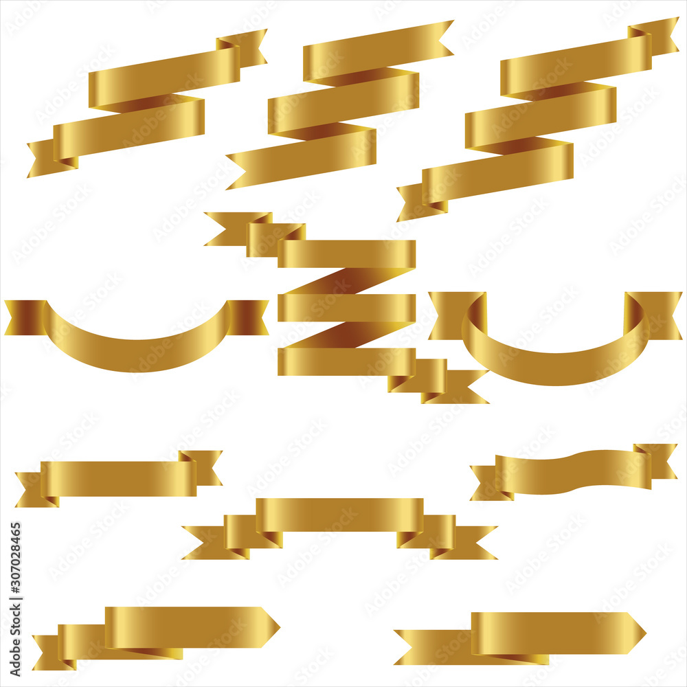 GOLD Ribbon Set In Isolated For Celebration And Winner Award Banner White Background, Vector Illustration