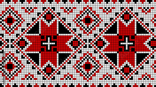 Vector drawing - traditional Russian pattern for cross-stitch in red, black and white colors. Seamless.
