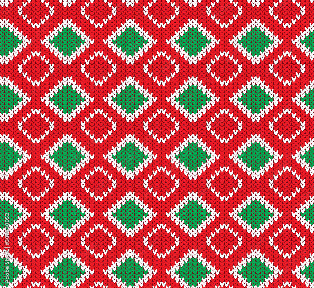 Abstract knitted holiday background in red, white and green, for textile print/ wallpaper/gift wrap, socks etc