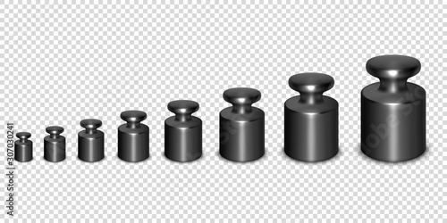 Vector 3d Realistic Metal Calibration Laboratory Weight Different Sizes Icon Set Closeup Isolated on Transparent Background. Design Template of Little Weights for Mechanical Jewelry Scales