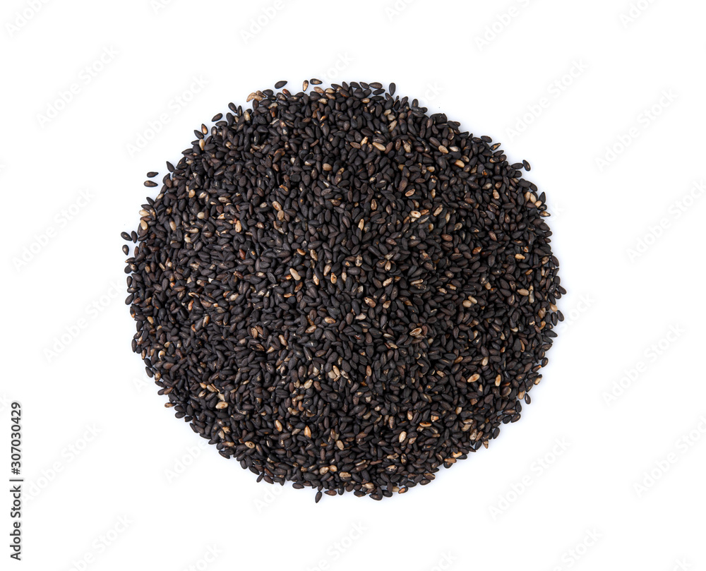 black sesame seeds on white background. Top view black sesame seeds on white background. Top view