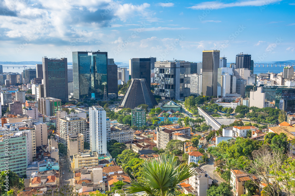 Fototapeta premium Beautiful view of Rio de Janeiro Downtown Busines Center with Cathedral Building and Lapa Arches from Ruins Park viewpoint - Rio de Janeiro, Brazil