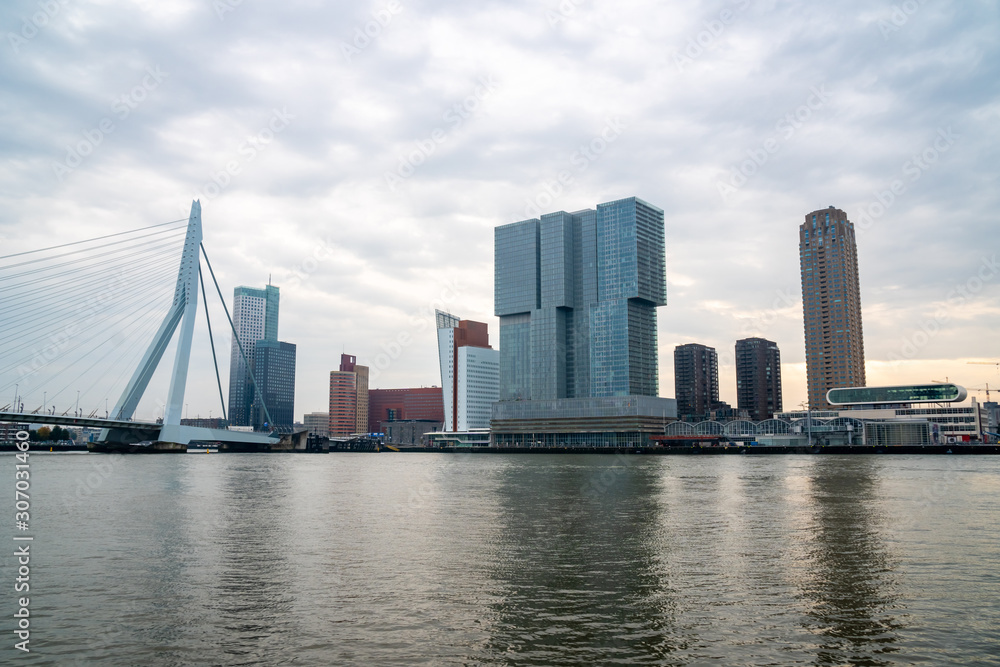 Rotterdam Skyline with Erasmusbrug bridge in the morning, Netherlands.