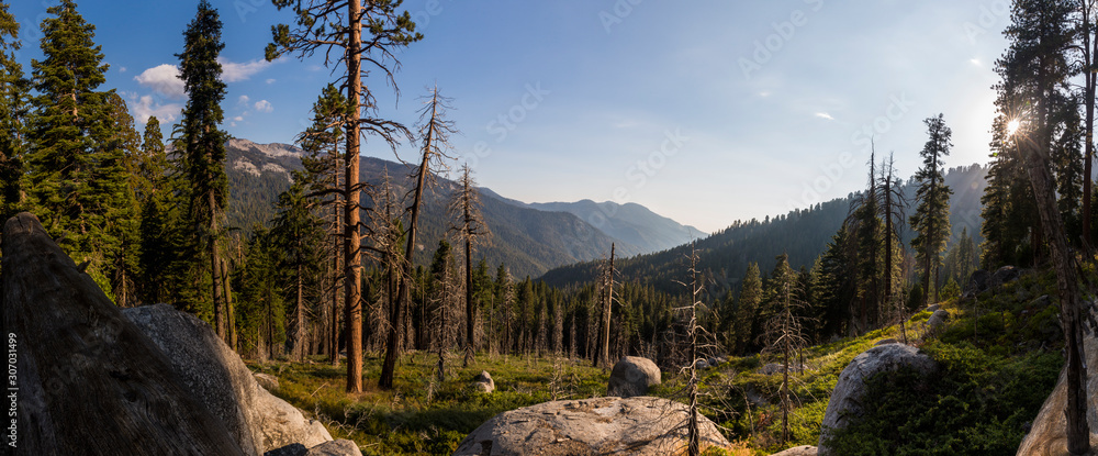 Panoramic image of a vast mountain landscape taken in Mineral King, California. 