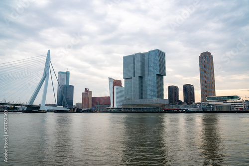 Rotterdam Skyline with Erasmusbrug bridge in the morning, Netherlands. © k_samurkas