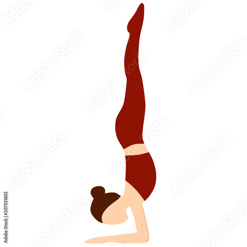 Yoga. Headstand. Vector illustration. Shirshasana or Queen of asanas. Isolated silhouette of a woman in a rack on her head. Healthy lifestyle.