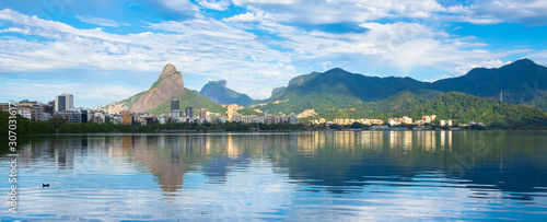 Beautiful view of Rodrigo de Freitas Lagoon with Two Brothers Mountain and Gavea Stone in the background - Rio de Janeiro, Brazil