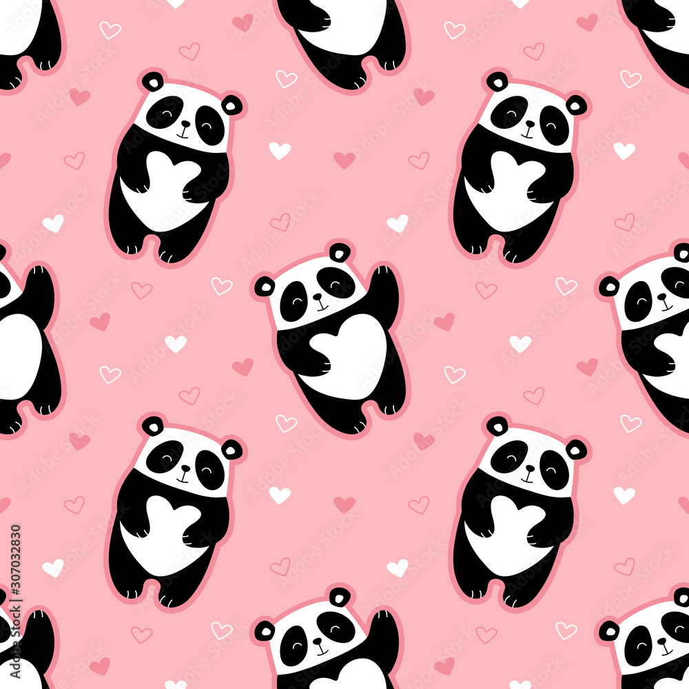Obraz premium Cute pandas seamless pattern, hearts, valentines day. Print for textile, fabric, wallpaper, paper. Vector illustration for children.