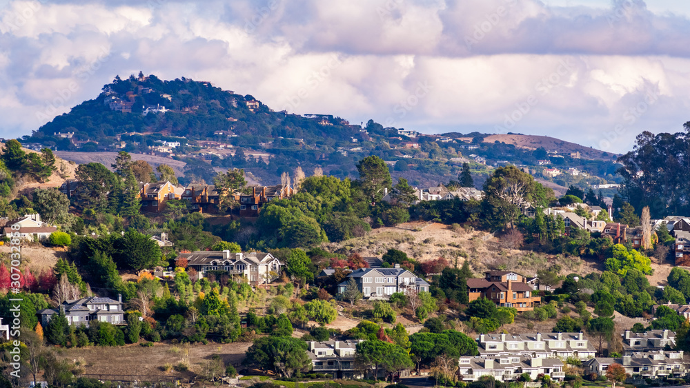 Aerial view of residential neighborhood with scattered houses build on hill slopes, Mill Valley, North San Francisco Bay Area, California